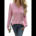 thumbnail image 3 of Camisa de Punto A Rayas de Larga con Cuello en V para Mujer, Estilo Túnica Informal, Holgada y Elegante, para Otoño. Rosa M, 3 of 10
