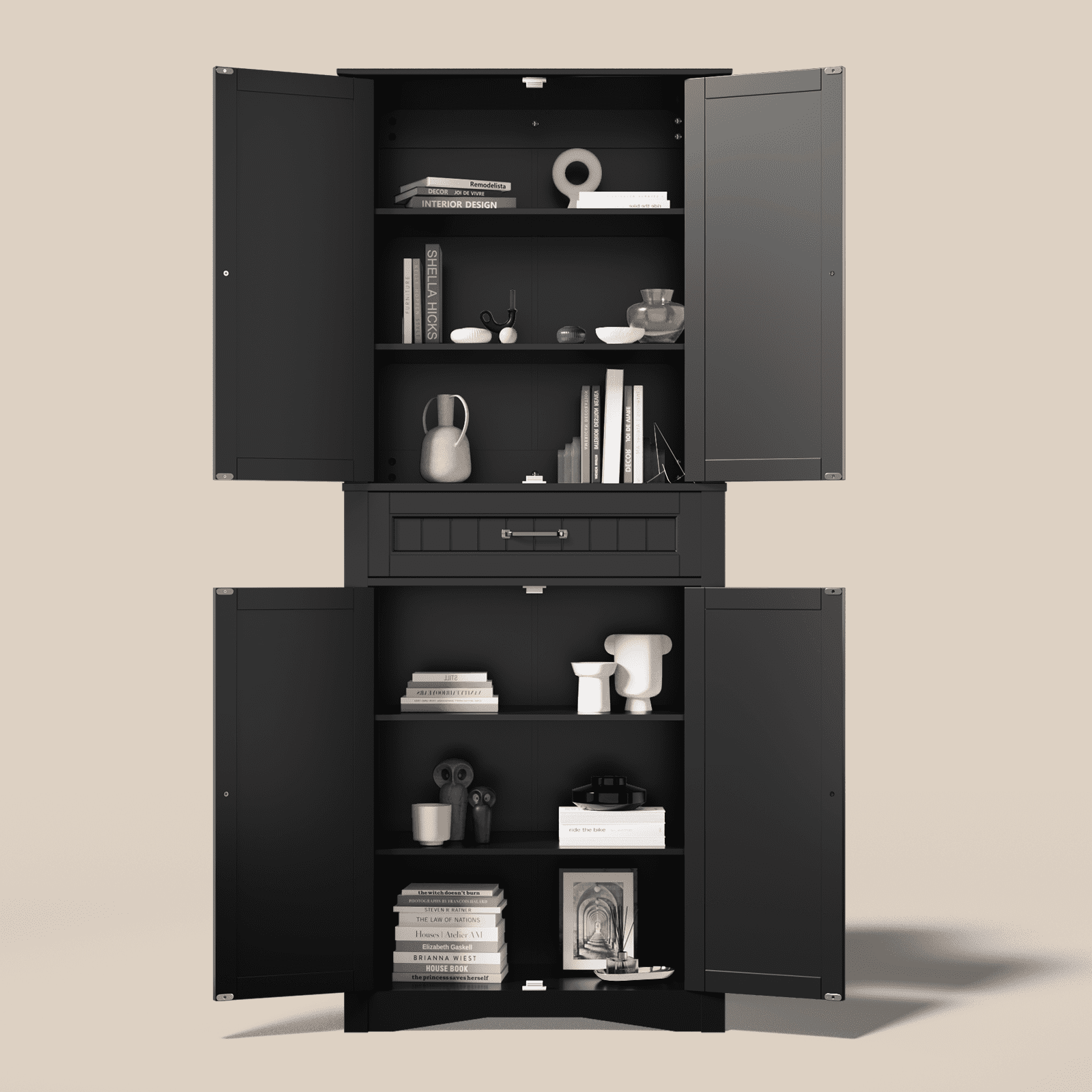 71" Tall Freestanding Storage Cabinet, 4 Doors, Adjustable Shelves and Large Drawer, Multi-Purpose Cabinet for Home Black