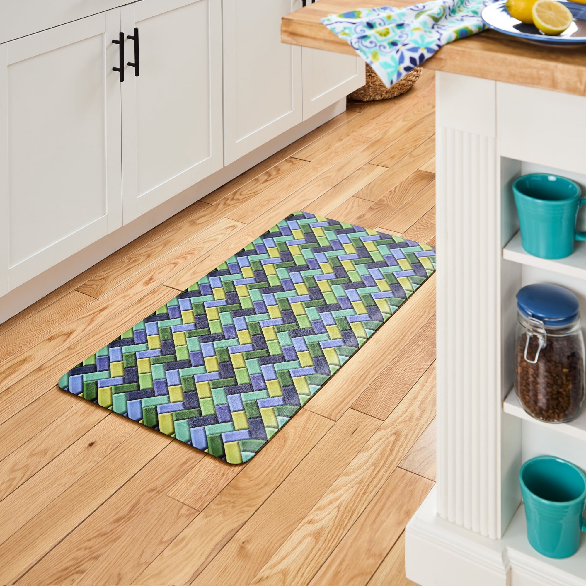 FIESTA Party Herringbone Tiles Modern Geo Anti-Fatigue Comfort Kitchen Mat, Non-Slip Floor Mat, Padded Standing Desk Mat, Blue/Green/Yellow, 20"x39"