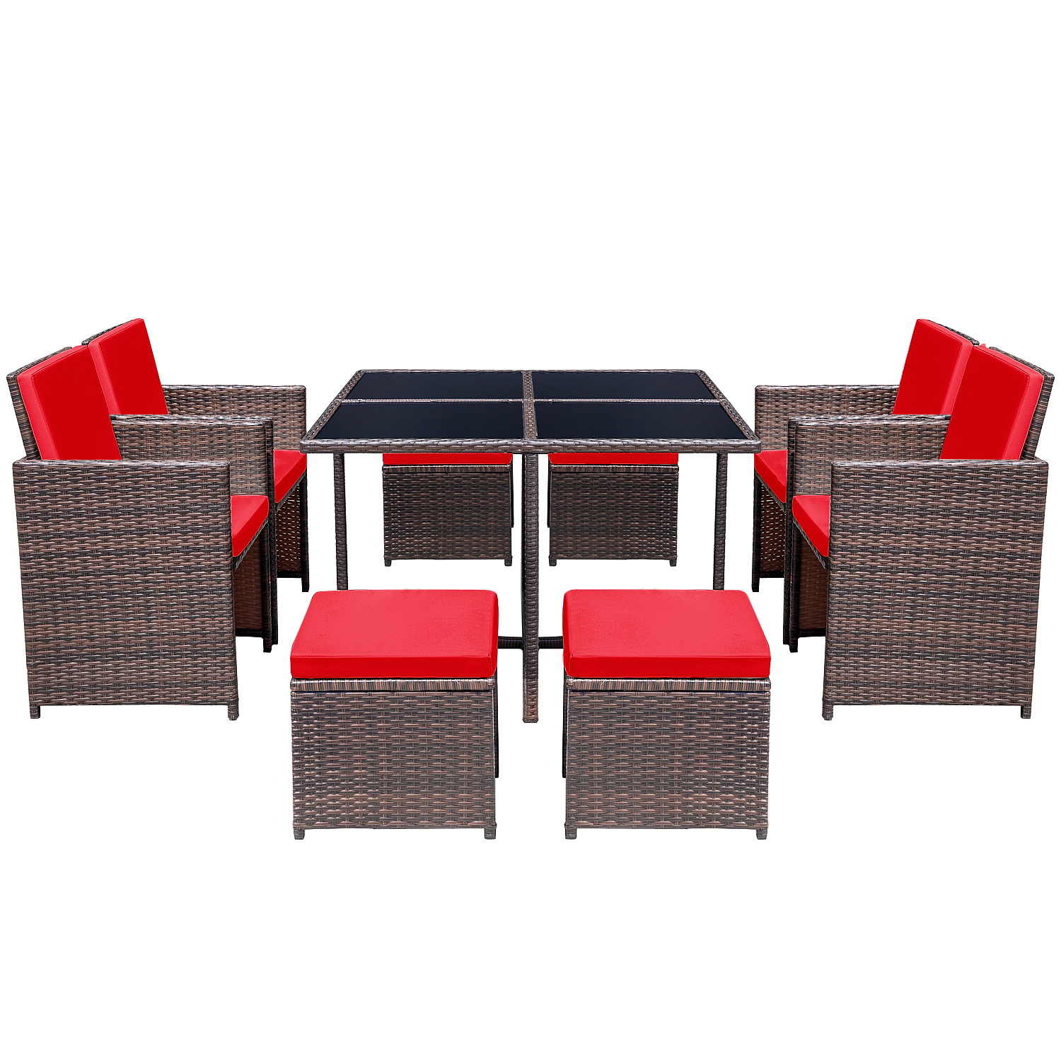 Lacoo 9 Pieces Patio Dining Sets Outdoor Indoor Furniture Patio Wicker Rattan Chairs and Tempered Glass Table Sectional Set Conversation Set Cushioned with Ottoman, Red, 8 - image 2 of 7
