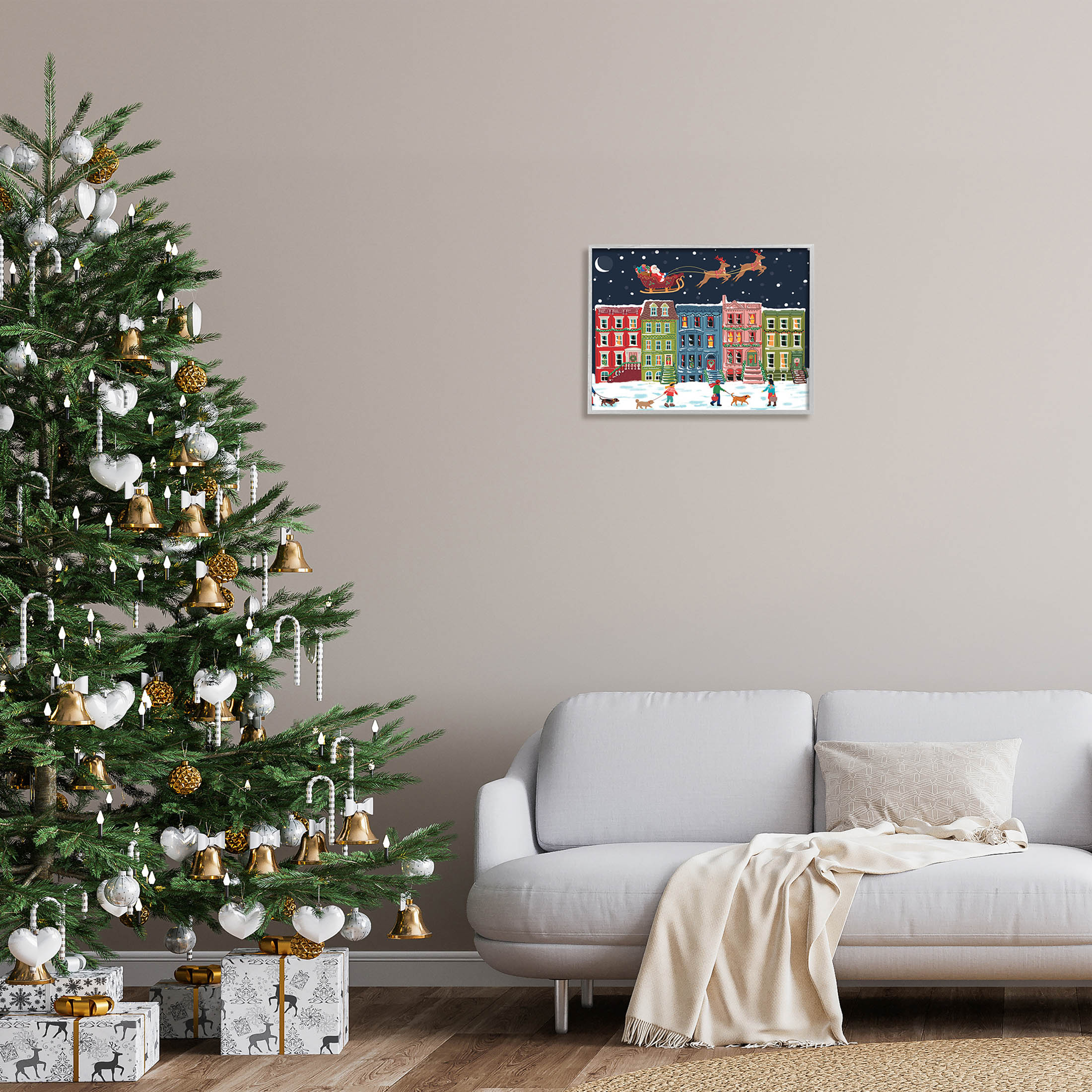 Snowy Christmas Town Santa Overhead Holiday Graphic Art Gray Framed Art Print Wall Art