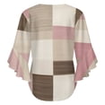 thumbnail image 6 of Pink Beige Brown Textile Squares Women's V-Neck Blouse With 3/4 Ruffled Bell Sleeves Casual Top Ladies Blouses, 6 of 7