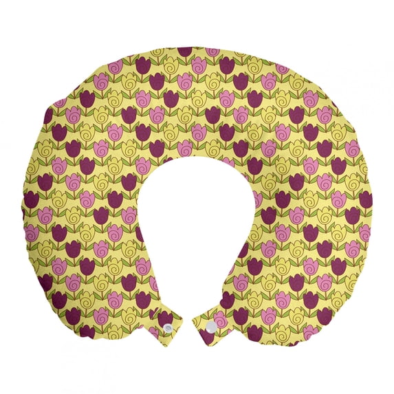 Flowers Travel Pillow Neck Rest, Floral Theme Botanical Illustration of Swirl Shapes on Colorful Tulips Pattern, Memory Foam Traveling Accessory Airplane and Car, 12", Multicolor, by Ambesonne