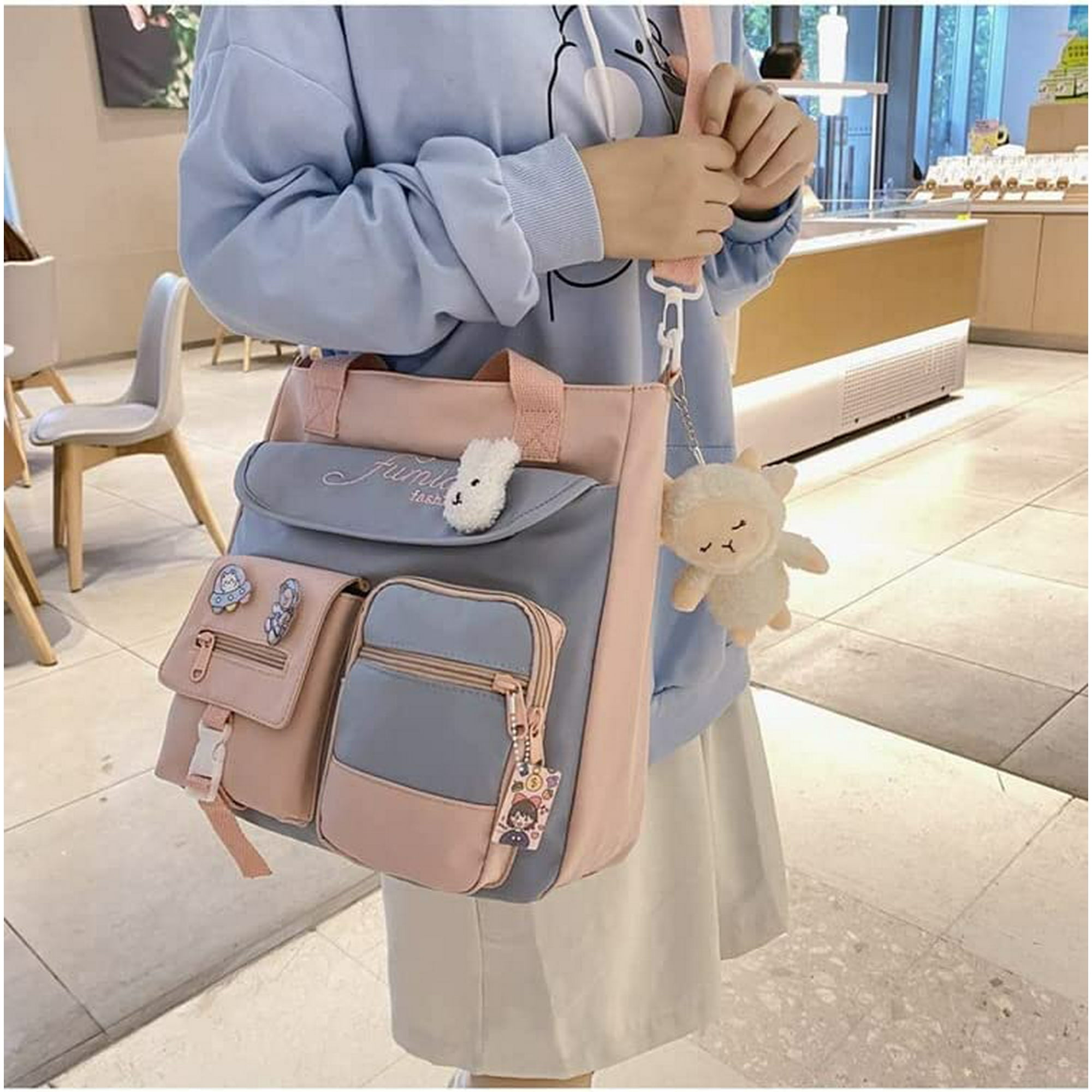 Aesthetic School Bags with Kawaii Pin and Cute Accessories Kawaii Tote Bag for Teen Girls