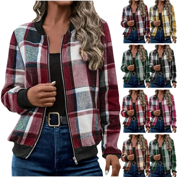 UVEASISHA Womens Plaid Bomber Jacket Dressy Trendy Zip Up Checkered Jackets Lightweight Casual Elastic Cuffs Long Sleeve Cardigan Outerwear Brown L