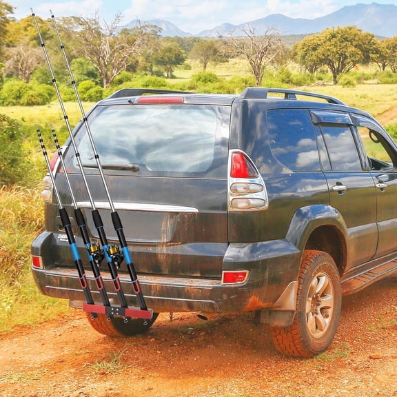 4-Rod Hitch Fishing Rod Holder for Truck, Stainless Steel Rack with Reflective Safety Strip