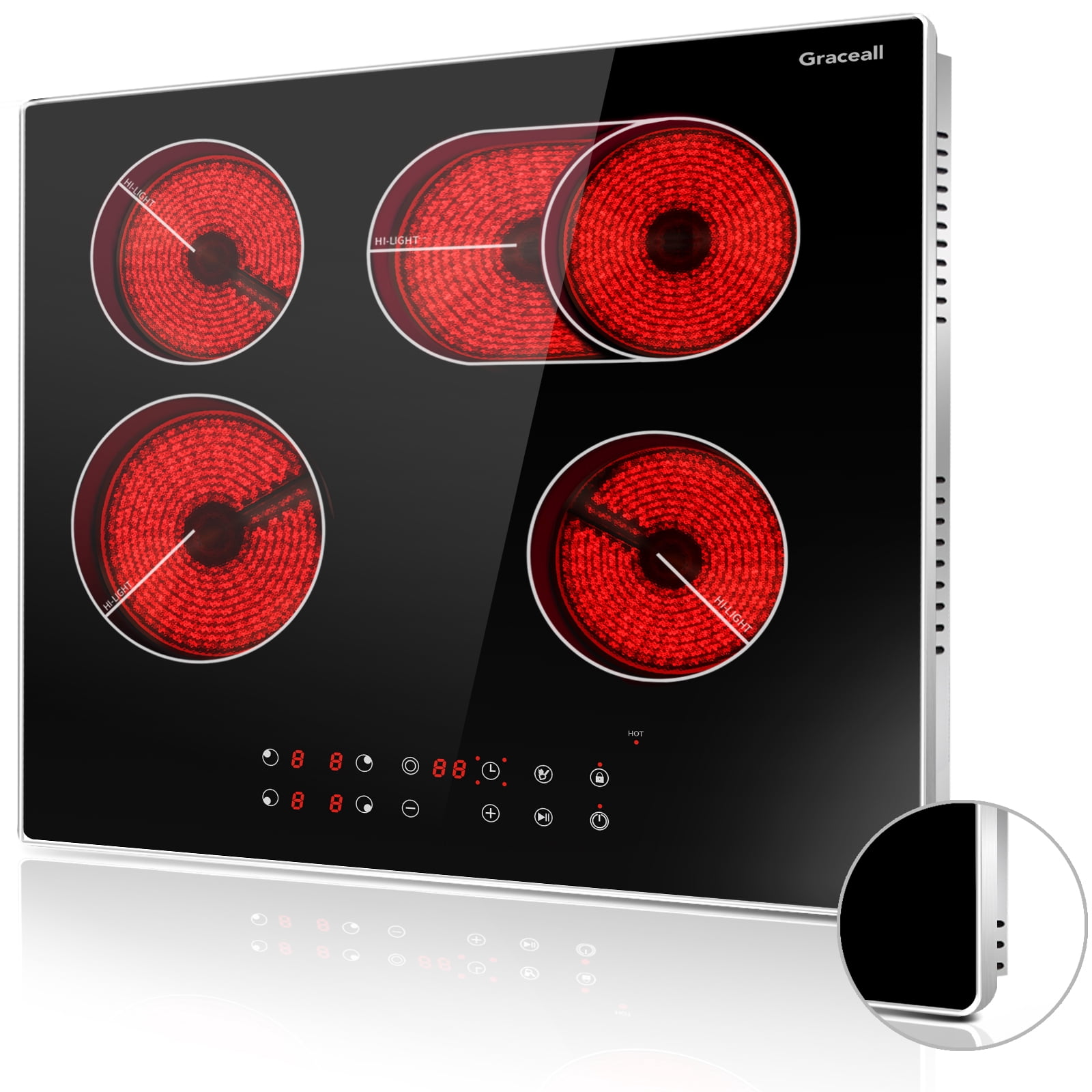 GRACEALL 24 inch Electric Cooktop 4 Burners Kitchen  Stove, 220V Ceramic Hotplate, Infrared Cooker