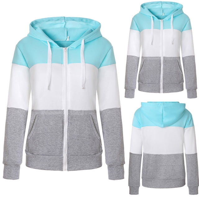 Fermeture à Glissière Chandails à Capuche pour Femmes 50 % de Rabais en Liquidation Chandail Décontracté à Manches Longues Mince Fermeture à Glissière Capuche Contrastée Patchwork Veste Manteau