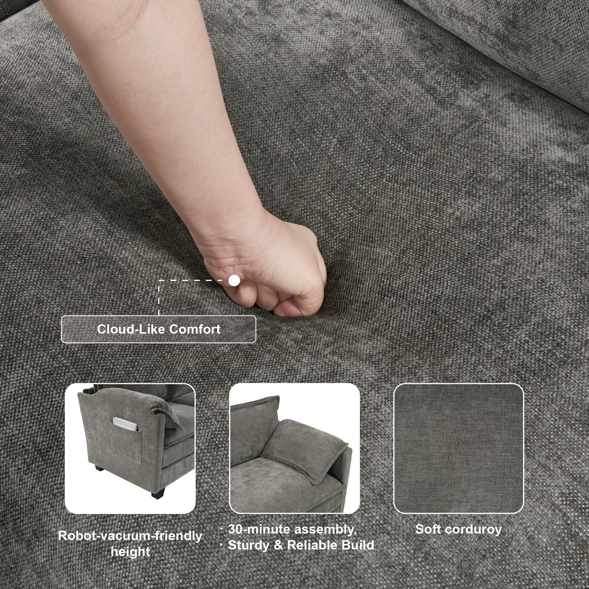 Avobird  Cloud Couch Modular Sectional Sofa, 107" L Shaped Convertible Couch Chenille Thick Cushion with Ottoman and Pillows for Living Room, Gray