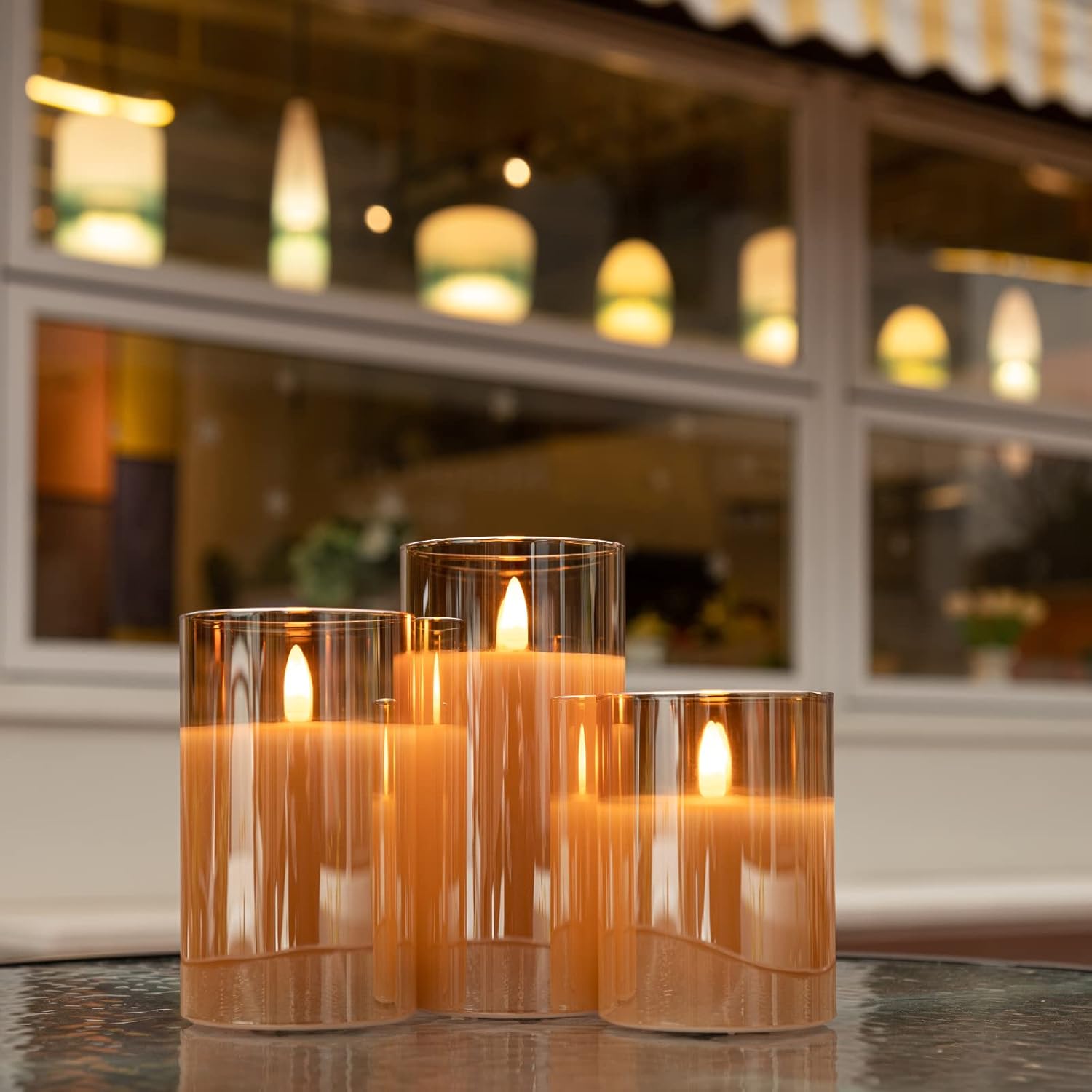 HearthHarmony Glass Flickering Flameless Candles with Remote, Battery Operated Candles with Timer, Fake LED Pillar Candles for Home Fireplace Mantle Bathroom Decor, Gold