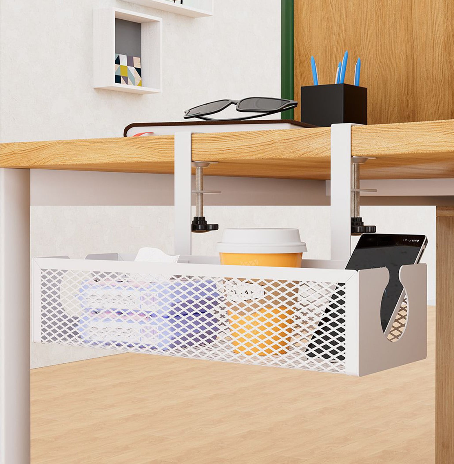 Under Desk Storage Basket, Cable Management Organizer, No Drill Adhesive Mount, Stainless Steel Office Shelf, Large Capacity Desktop Organizer