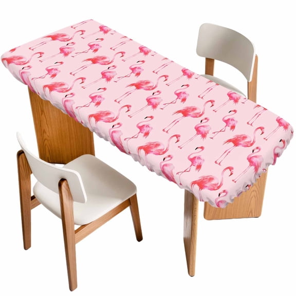 Pink Flamingo Table Cloths for 8 Foot Rectangle Tables, Summer Animals Patio Waterproof Elastic Fitted Tablecloths, Washable Rectangular Table Cover for Camping