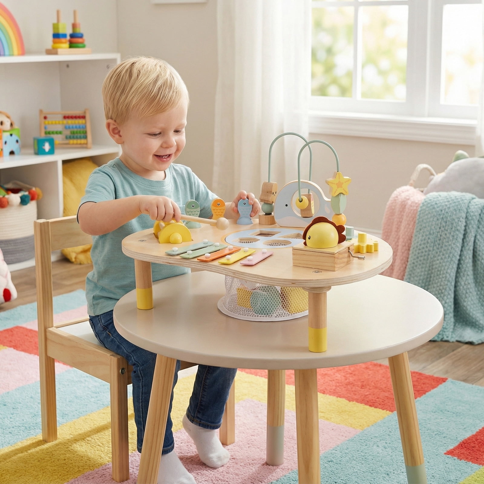 Costway 7-in-1 Toddler Activity Table with Bead Maze, Fishing Game, Xylophone, Music Box