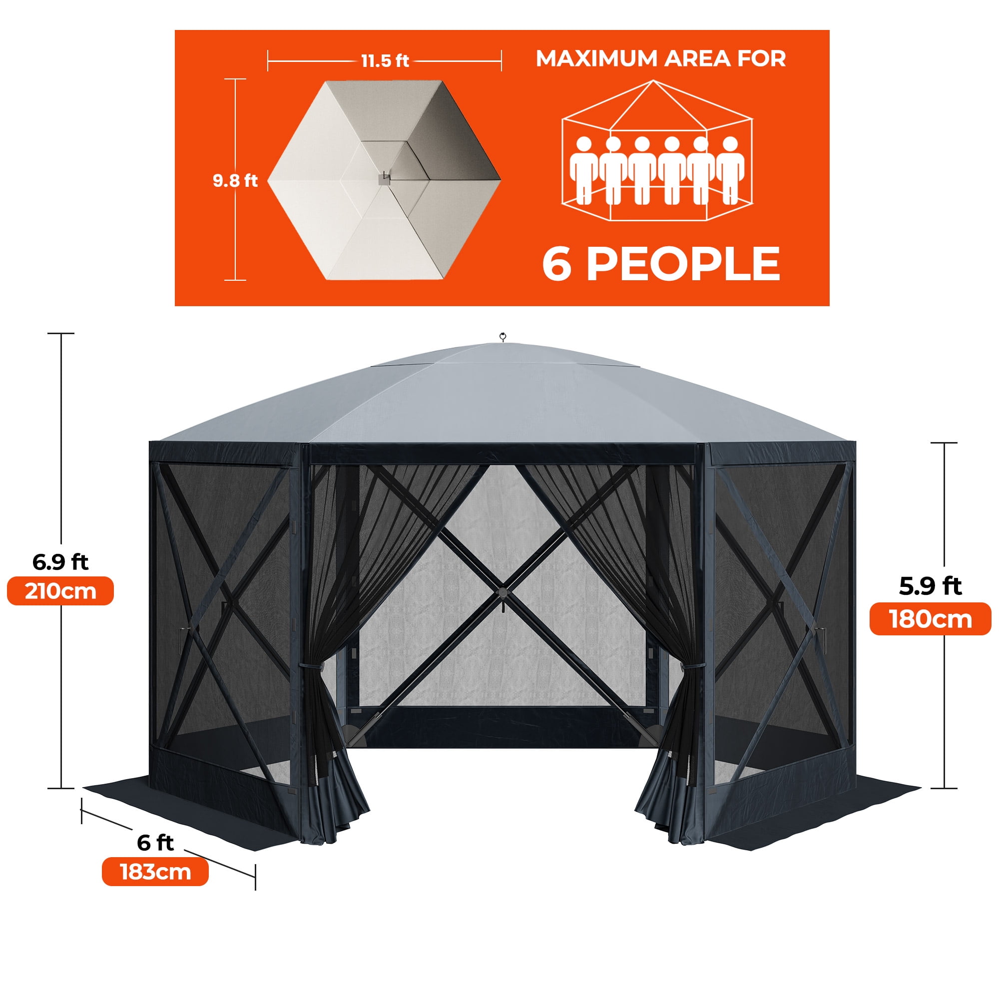 Uforic 11.5x11.5ft Pop Up Canopy Gazebo, Outdoor Canopy Tent with 6 sidewalls and Netting, Waterproof, UV Resistant, Party Tent with Carrying Bag for Camping, Gray