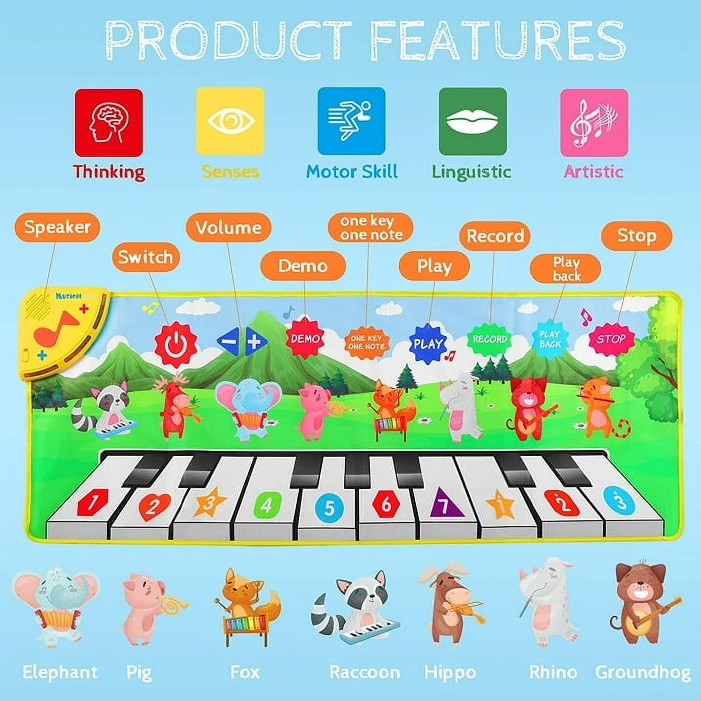 Ludolm Piano Mat, 38.5" X 14" Musical Mat 8 Instrument Sounds Piano Mat for Toddlers Touch Play Dancing Mat Toy for 1 2 3 Year Old Girls Boys Gifts