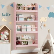 Homfa 4-Tier Wall Bookshelf, 43.7H Wall-Mounted Kids Bookshelf, Book Storage Rack for Kids Room, Pink