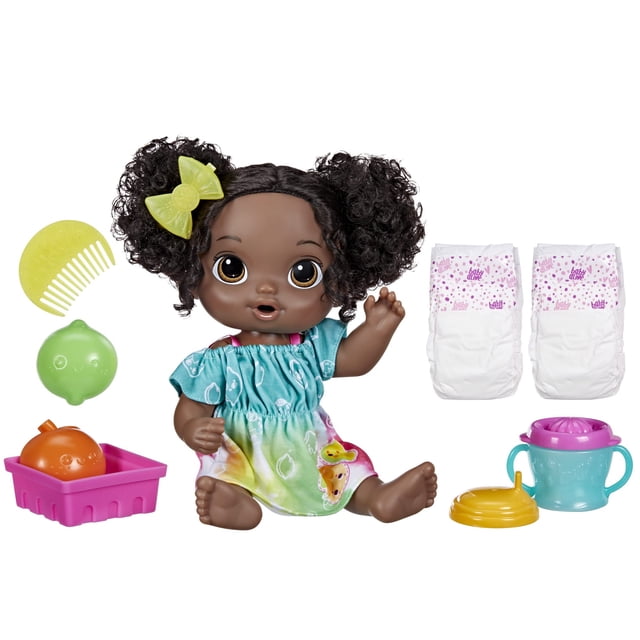 Baby Alive Fruity Sips Doll, Lime, Toys for 3 Year Old Girls, 12-inch Baby Doll Set, Drinks & Wets, Pretend Juicer, Kids 3 and Up, Black Hair