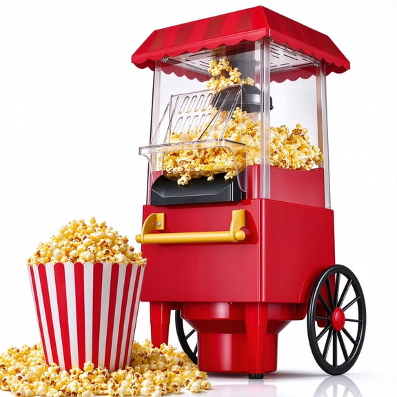 Vintage Popcorn Machine, Hot Air Popcorn Maker Oil-Free, Compact Countertop Popcorn Popper for Movie Nights Parties, Red