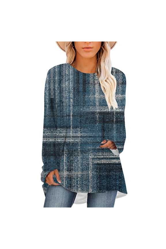 Women Plus Size Blouse Plain Checkered Retro 3D Print T-shirt Long Sleeve Casual Tops