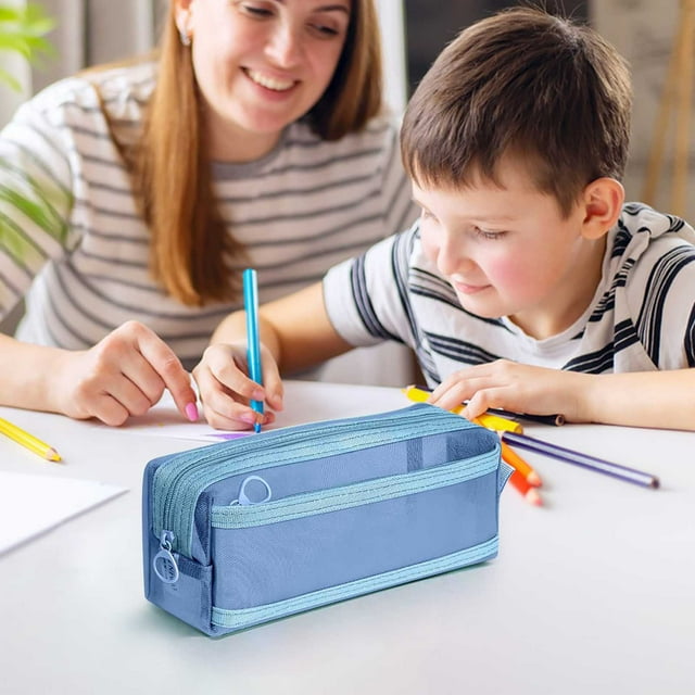 EGNMCR Office & Stationery Double-layer Large-capacity Transparent Stationery Bag With Mesh Fabric-square Three-dimensional Pen Case Mesh pen