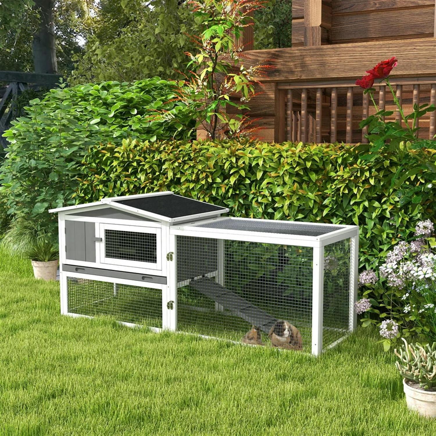 Kadyn 61" 2-Story Wooden Rabbit Hutch with Slide-out Tray, Outdoor Small Animal Habitat Enclosure Bunny Cage for Bunnies, Guinea Pigs, Gray