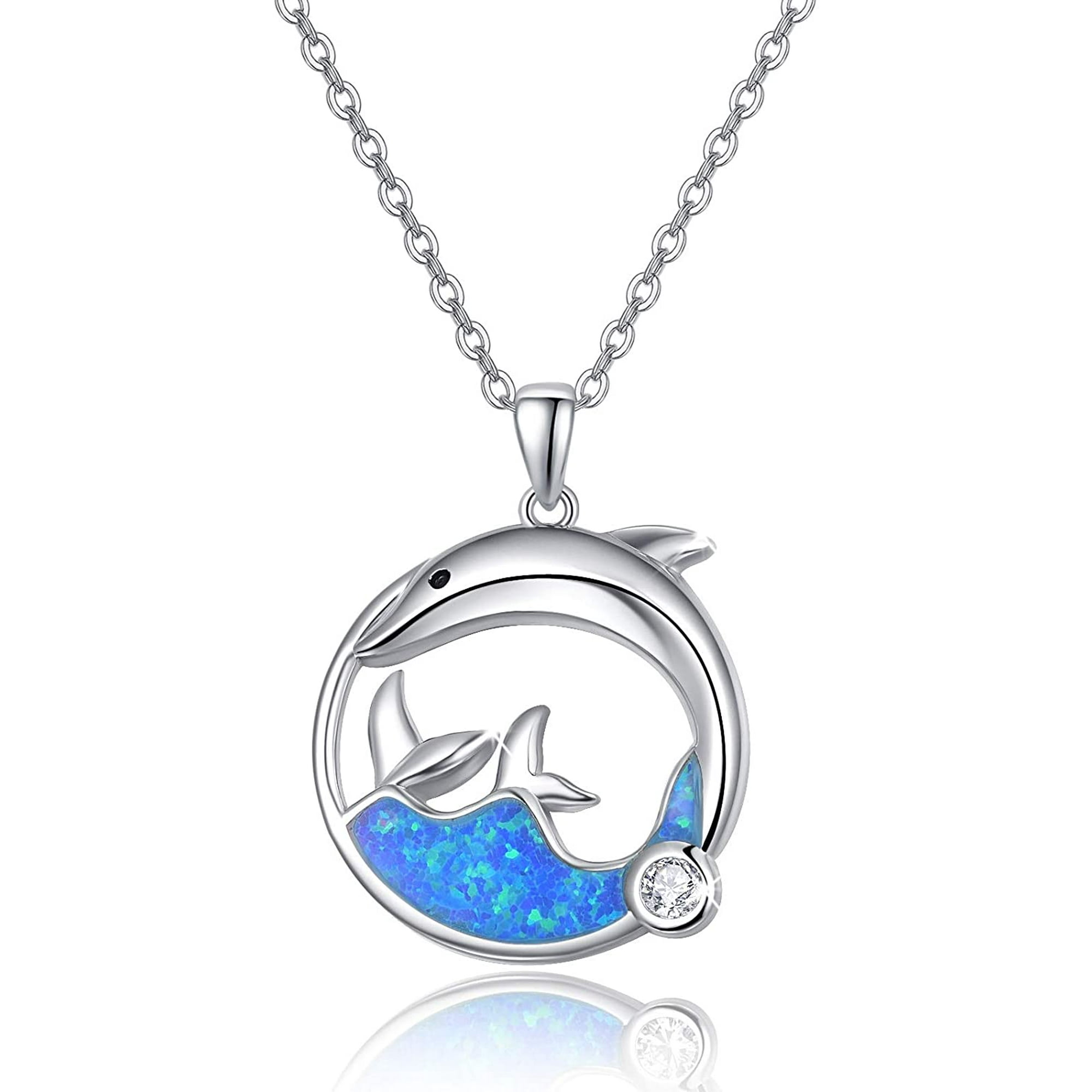 Dolphin Necklace 925 Sterling Silver Dolphin with Double Whale Tails Opal Sea Wave Necklace Opal Dolphin Jewelry Easter Mother Day Gift for Women Girlfriend Friendship Walmart