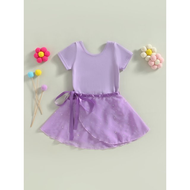 Xsylife - Conjunto de ropa para niñas pequeñas, de manga corta, de color liso, con leotardos de ballet y falda extraíble