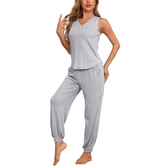 DARING DIVA Women's Pajamas Loungewear Knit V Neck Tank Tops with Pants Set Grey XS