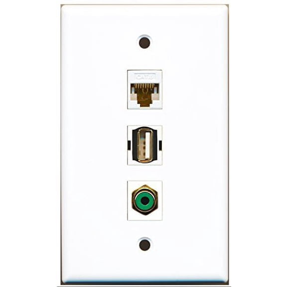 RiteAV - 1 Port RCA Green and 1 Port USB A-A and 1 Port Cat6 Ethernet White Wall Plate