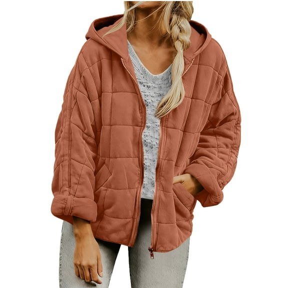 ZQUUVOU Women's Hooded Quilted Jacket Solid Color Long Sleeve Cotton Coat with Pockets Casual Loose Fall Winter Outerwear Orange