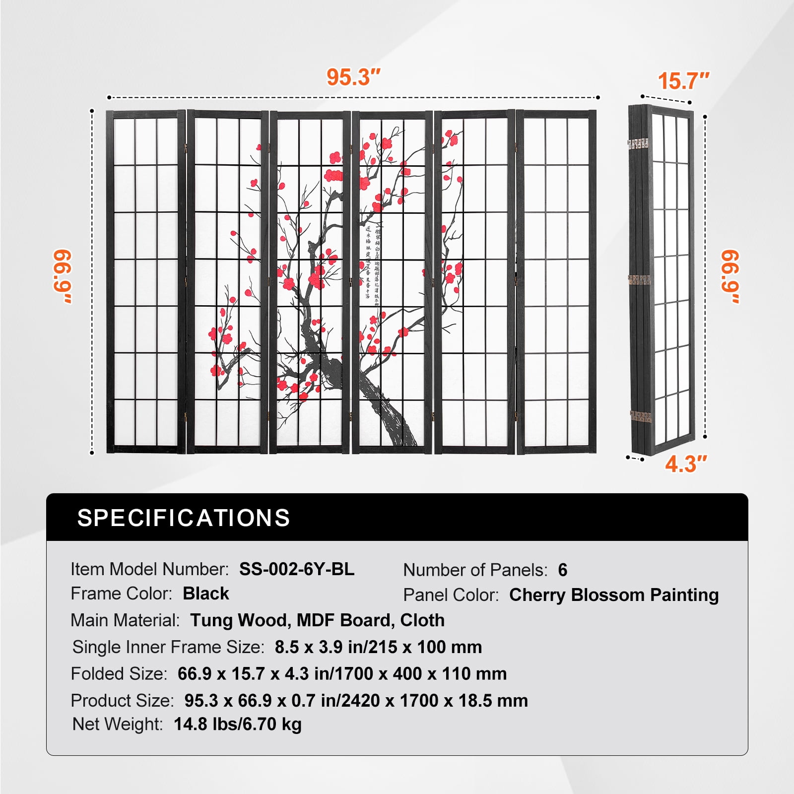 KFFKFF Partition Screen, 6-Section Indoor Privacy Barrier, Foldable Wooden Room Separator, Japanese-Style Portable Decorative Divider, Ideal for Living Space, Workspace, Dining Area