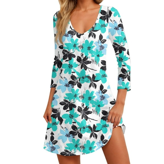 Women's Fashionable Casual V-Neck Floral Print Pocket Seven Quarter Sleeve Dress Lightweight Soft Spring Summer Sundress 2025 New