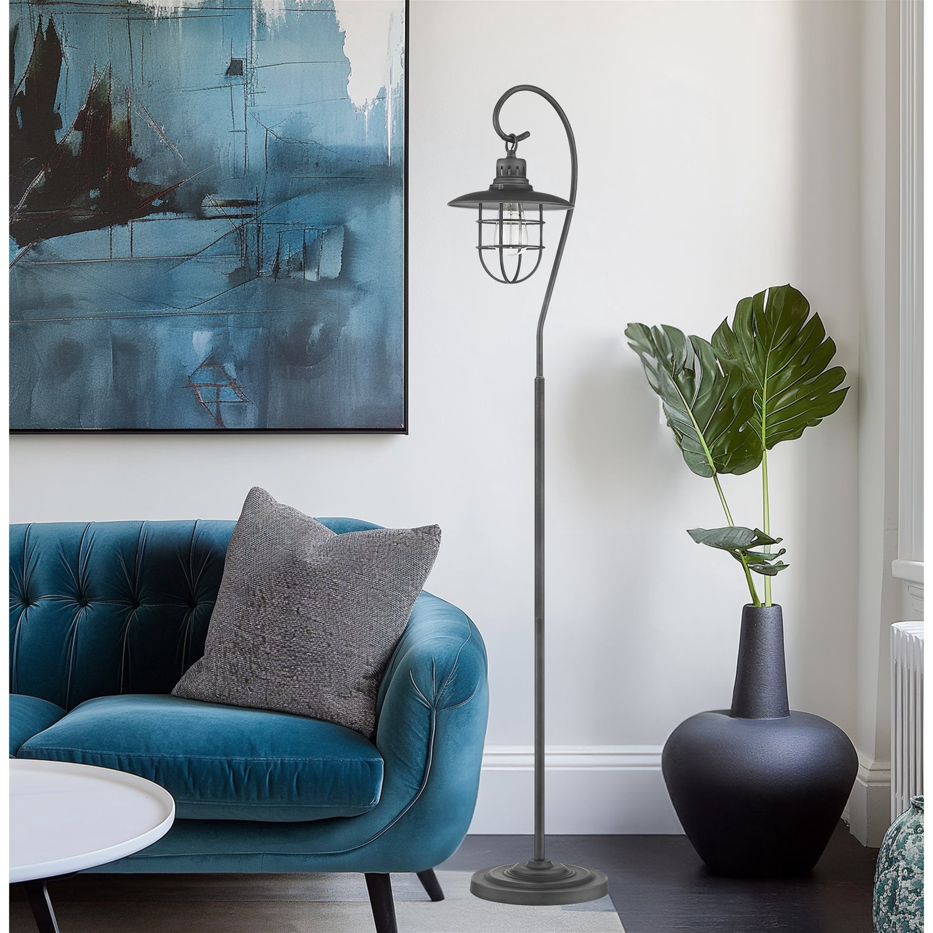 Kira Home Lantern 58" Nautical Floor Lamp + 6W Bulb ( / ), Hanging Shade Design + Cage, Brushed Pewter