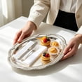 thumbnail image 5 of Oval Stainless Steel Platter, Embossed Decorative Platter For Dessert & Appetizers, Wedding Table Decor Tray, 9.65×6.89 Inch Silver Oval Metal Serving Tray Corrosion-Resistant Surface, 2Pcs, 5 of 6