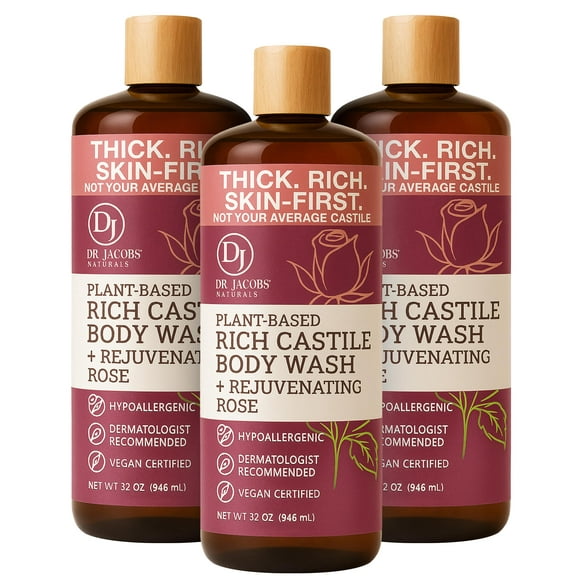 Dr. Jacobs Naturals Pure Castile Soap Liquid Body Wash Rose - Jabón corporal natural con vitamina E y aloe vera para hidratar la piel seca y sensible - Hecho en los EE. UU. - 32 oz Paquete de 3