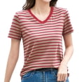 thumbnail image 1 of Haut Rétro Rayé pour Femmes Style Coréen Col Rond Manches Courtes Design Contraste de Couleurs, 1 of 4