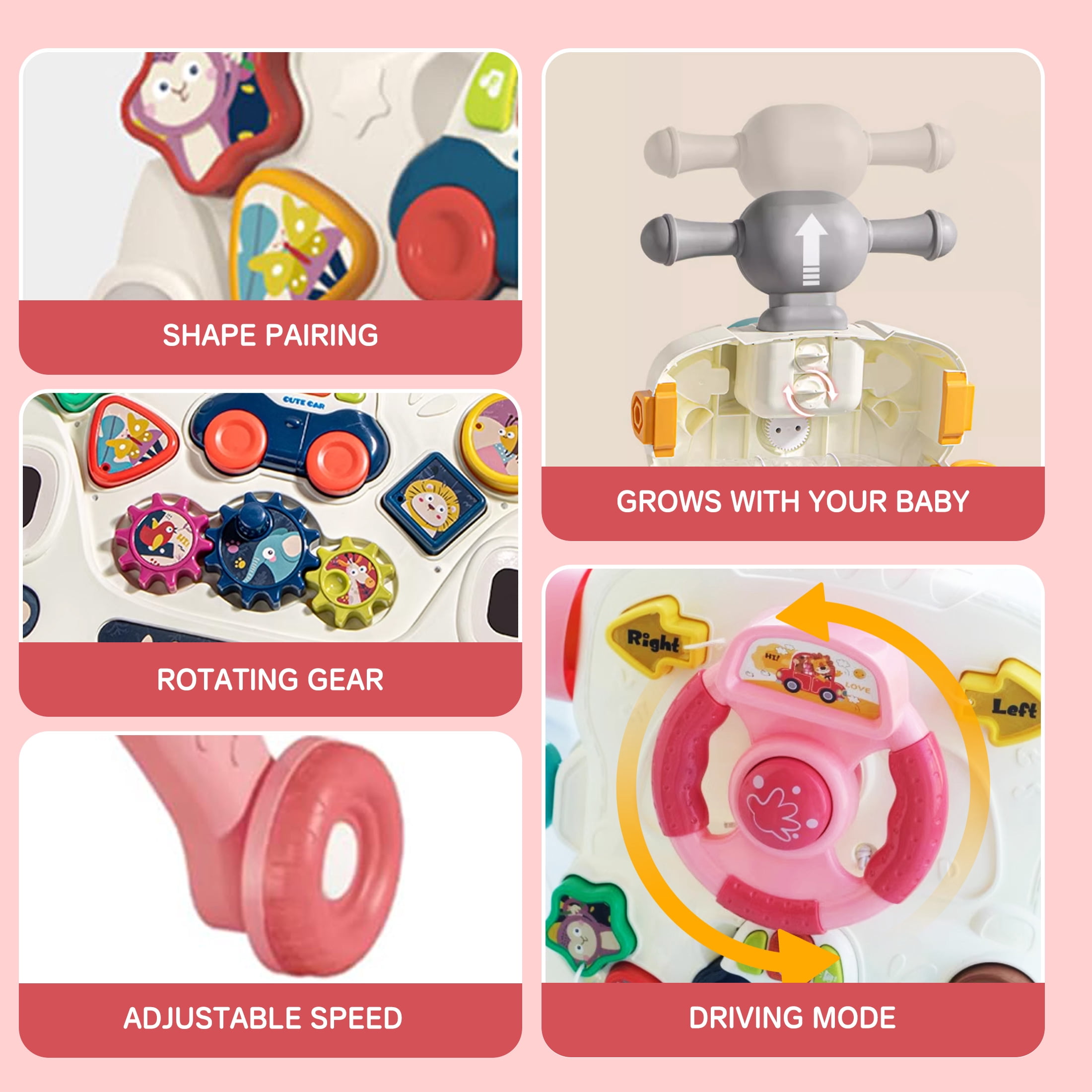 KOPPOP Baby Walker, 3-in-1 Activity Center and Learning Walker Sit-to-Stand Toy with Music & Lights, Foldable Push Toy for Infant Toddler 9+ Months, Pink