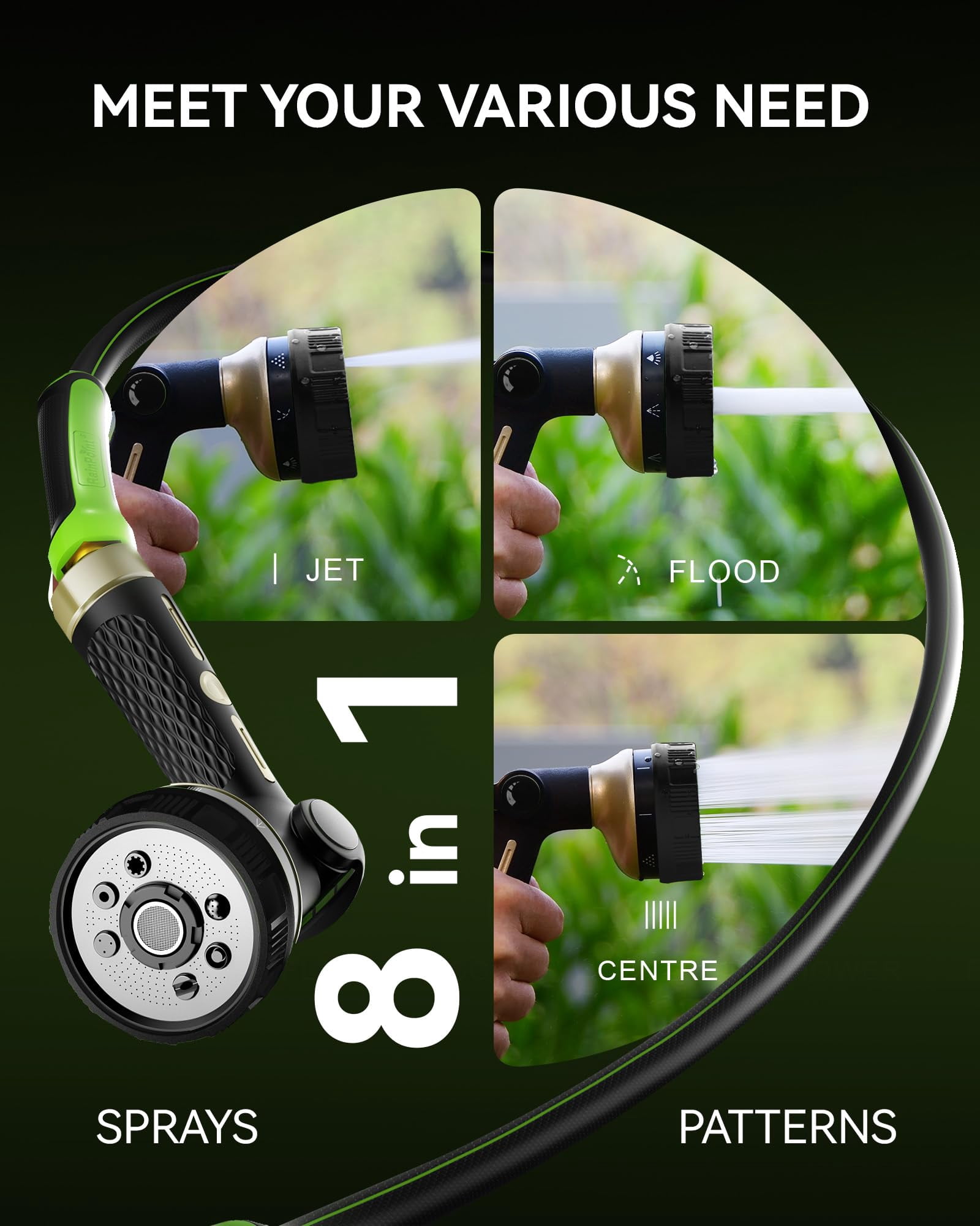 Heavy Duty Garden Hose Nozzle ,8 Spray Patterns with Adjustable Flow Control, Thumb Trigger, for Watering Plants, Washing Cars & Pets