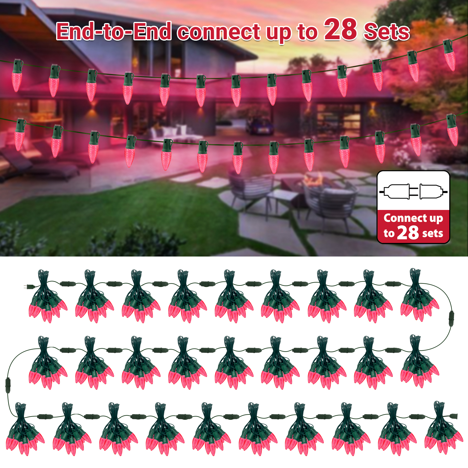 LAMPHOME Pink C9 Christmas String Light Outdoor, 25FT Shatterproof LED for House Rooflines & Pathways, Connectable Waterproof Vintage Christmas Light for Tree, Yard, Patio, Porch, Garden