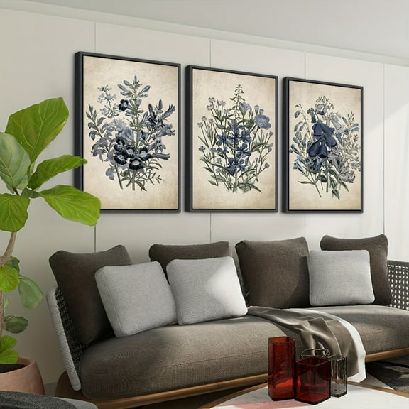 3pcs Large Framed Vintage Morning Glory Floral Wall Art - Navy Blue Botanical Canvas Prints with Rustic Wood Frames, Vertical Hanging Decor for Living Room, Bedroom, Office, Kitchen & Bathroom, Room
