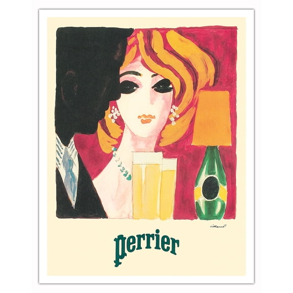 Perrier Sparkling Mineral Water - Vintage French Advertising Poster by Bernard Villemot - Fine Art Matte Paper Print (Unframed) 11x14in