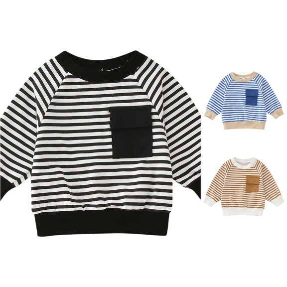 SUXIAN Kids Going Out Blouses Striped Printed Pullover Long Sleeve Top With Pocket Blouses For Kids Black 12-18 Months