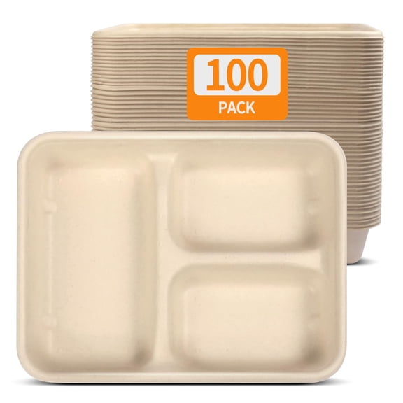 Celel 100 Pack 3 Compartment Paper AFN1Bowls for Dinner Dish with Sides and Chip Dips, Microwavable Compartment Paper Food Trays for Carnival Party Restaurant Catering