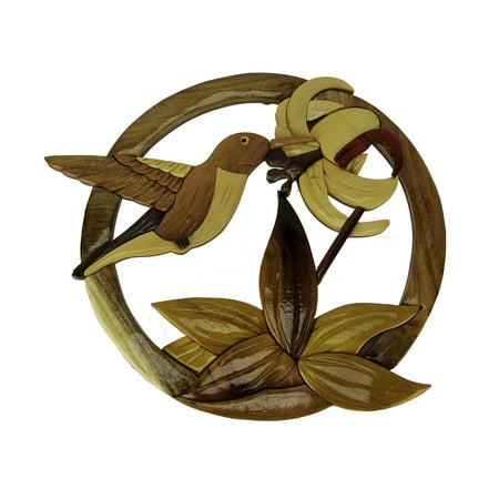 - Hand Carved Wood Art Hummingbird and Flower Wall Hanging