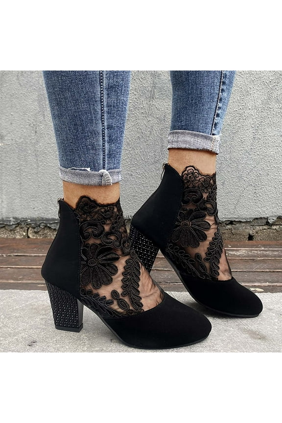 Open Toe High Heels Sandals with Back Zipper Cutout Breathable Non-Slip Block Heeled Ankle Bootie Sandals Fashion Wedding Party Dress Shoes Size 8.5 Black