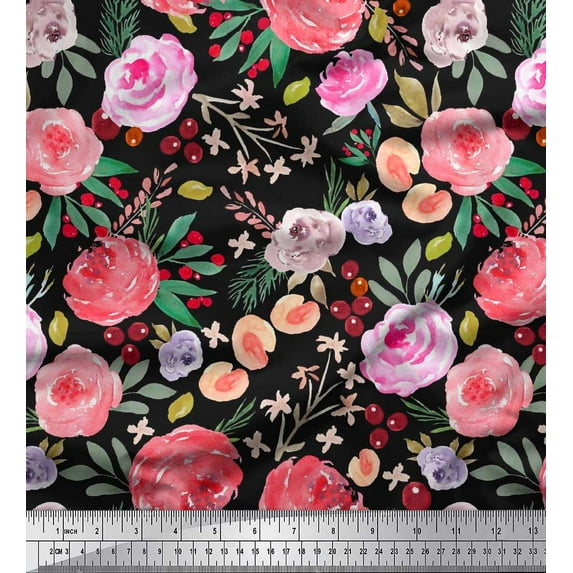 Soimoi Black Japan Crepe Satin Fabric Leaves & Floral Watercolor Printed Craft Fabric by The Yard 42 Inch Wide
