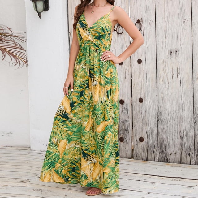 FcBaudy Camisole Sans Manches Robe Col en V, Robes d'Été pour Femmes, Robes Sans Manches Imprimées à Bretelles Longues Robe pour Femmes