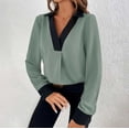 thumbnail image 5 of ATOYSOY Women's Trendy Color Blocked Blouses Elegant Pleated Tops Workout Comfy Casual Button Down Relaxed Long Sleeve Pullovers Lapel V Neck Shirts Fall Green XL, 5 of 8
