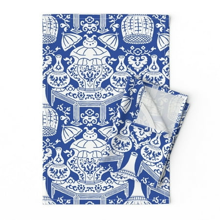 

Printed Tea Towel Linen Cotton Canvas - Chinoiserie Blue White Vintage Style Mid Century Rococo Birds Print Decorative Kitchen Towel by Spoonflower