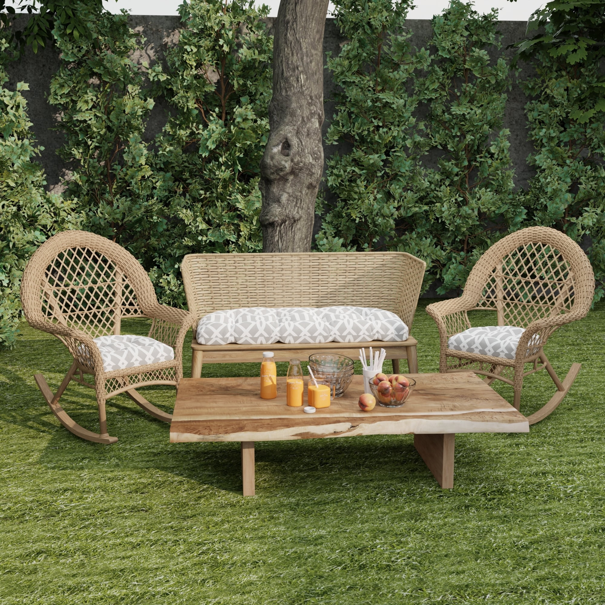 Jordan Manufacturing 3-Piece Chauncey Pumice Gray Geometric Tufted Outdoor Cushion Set with 1 Wicker Bench Cushion and 2 Wicker Seat Cushions